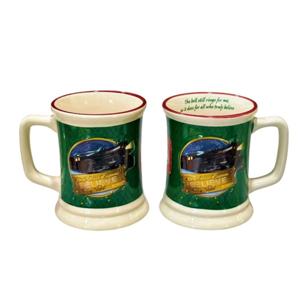 Set of 2 The Polar Express Train Ride 3D Coffee Mugs Believe Bell Rings 12 Ounce